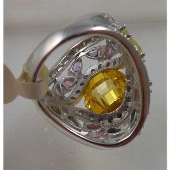 Vintage 1990's CZ Cocktail Statement Ring Simulated Canary Diamond Pink Sapphire - Picture 8 of 9